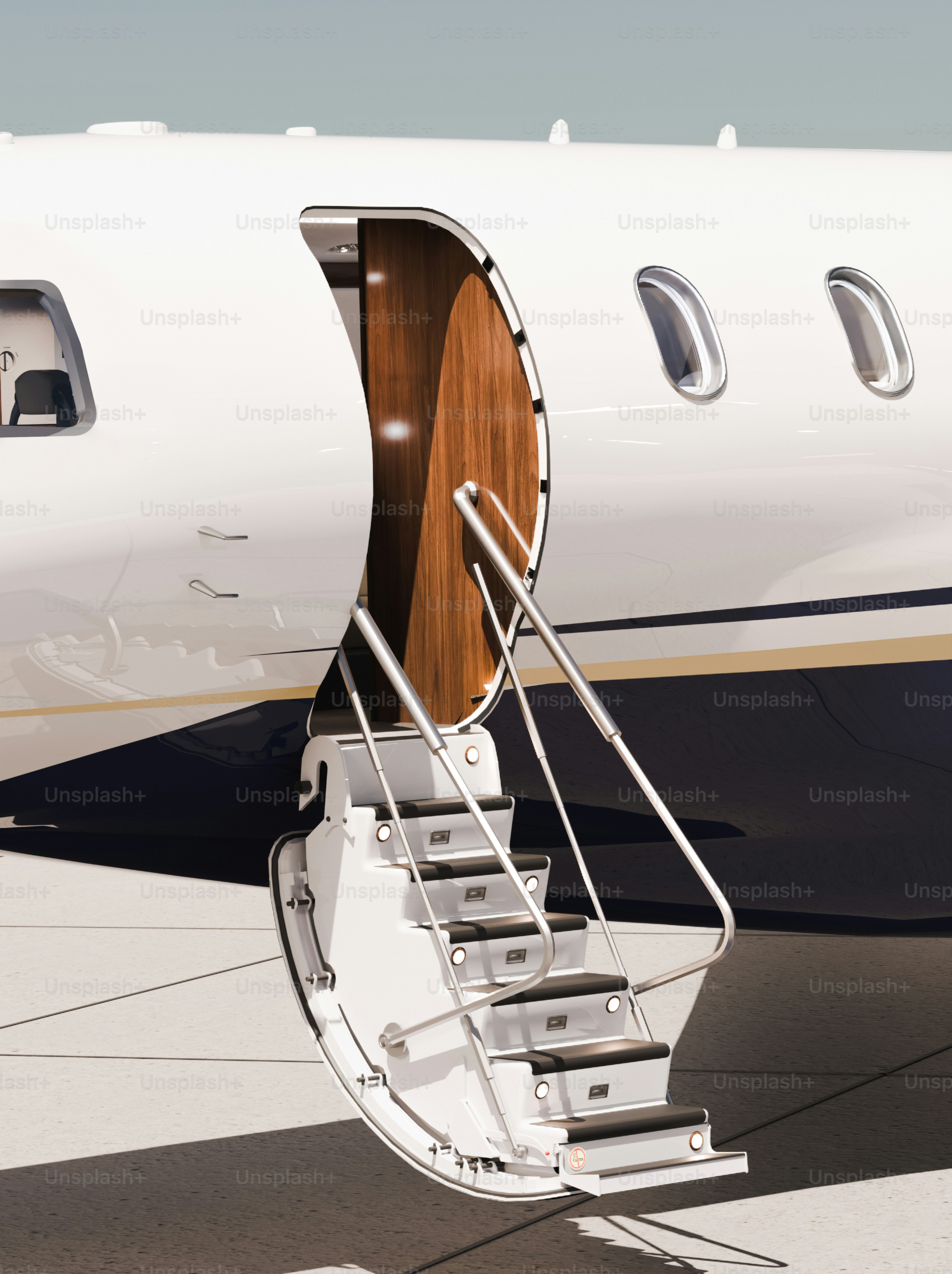 Private jet with open stairs and windows